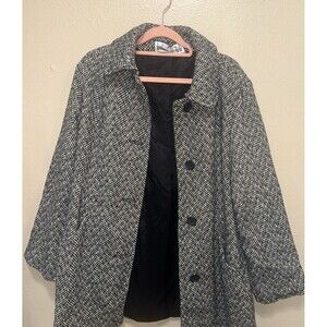 Leslie Fay Womens Medium Black White Herringbone Tweed‎ Button Front Coat Jacket